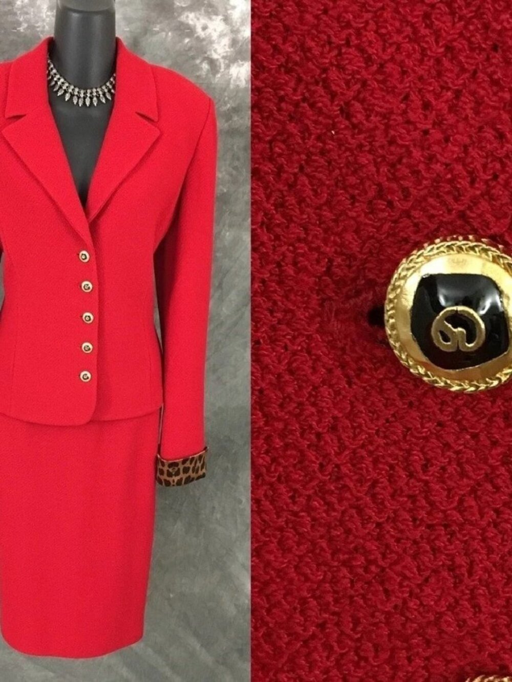 BEAUTIFUL St John collection knit red multi jacket skirt suit size 8